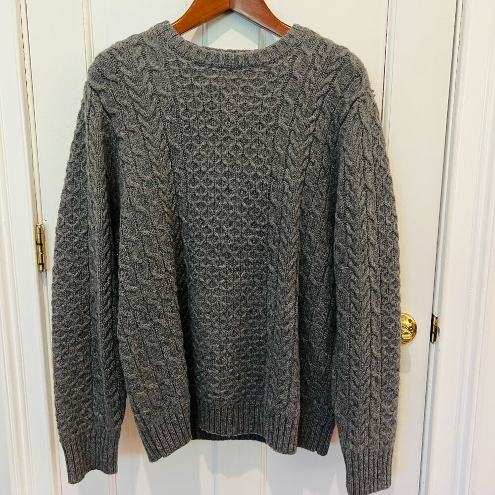 Duluth Trading Shetland Wool Sweater Mens XL Gray Cable Knit Fisherman